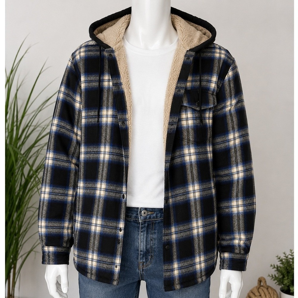Unbranded Mens Flannel Jacket Sherpa Lined Plaid Hooded Blue Black M